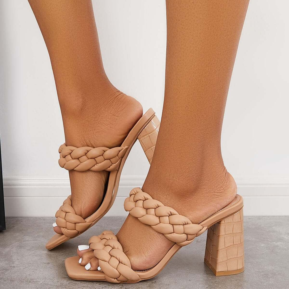 Square Toe Block High Heels Backless Slip on Mule Sandals Pairmore
