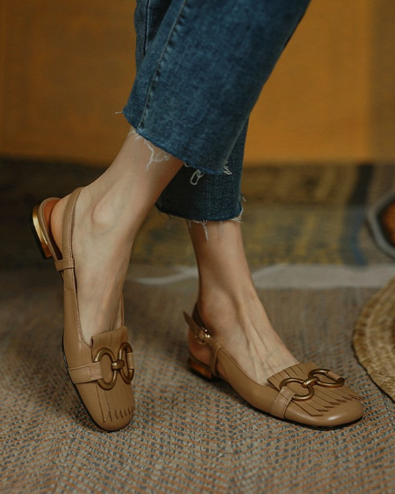 Solid Metallic Buckle Upper Sqaure-toe Flat Slip-on Newgew