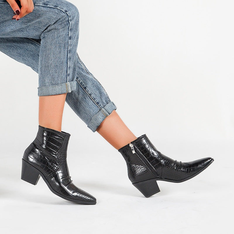 Square-Toe High-Heel Stone Pattern PU Leather Ankle Boots Side Zipper Western Boots Newgew