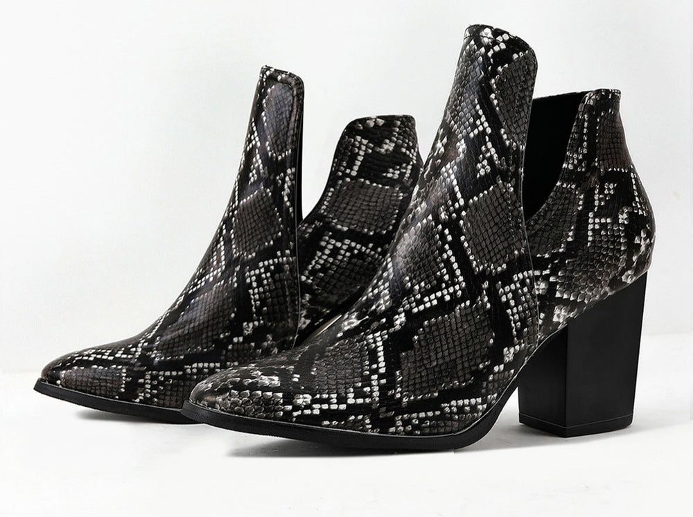 Slip on Cutout Pointed Toe Chunky Stacked Ankle Boot Chunky Heeled Boots Newgew