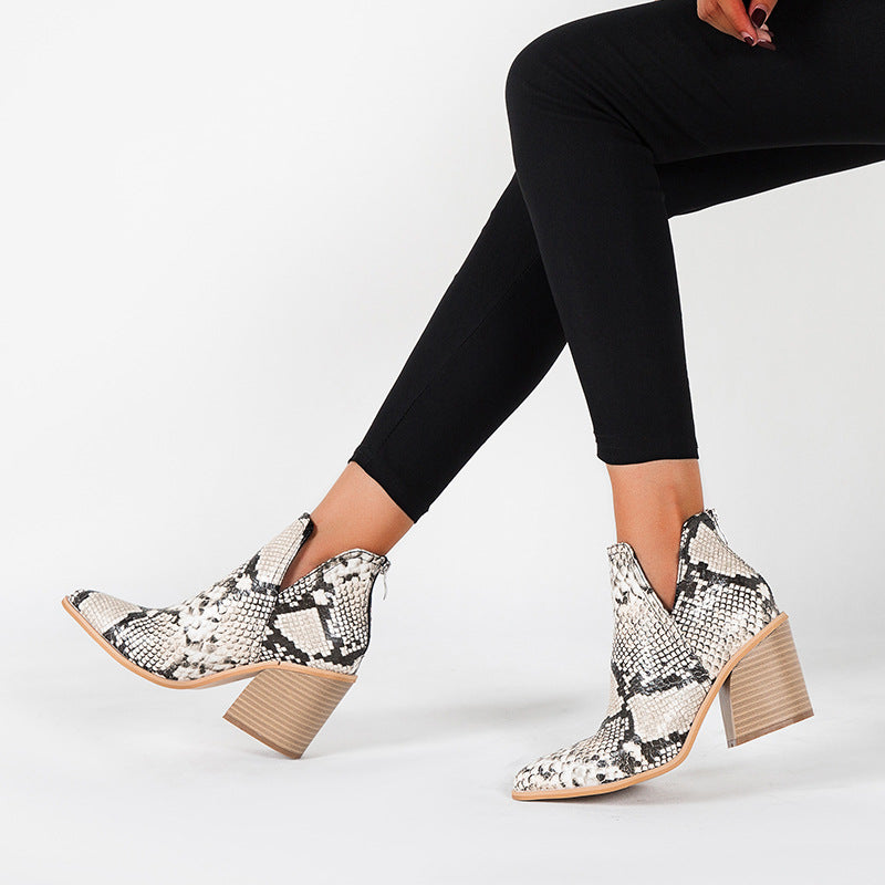 Slip on Cutout Pointed Toe Chunky Stacked Ankle Boot Chunky Heeled Boots Newgew