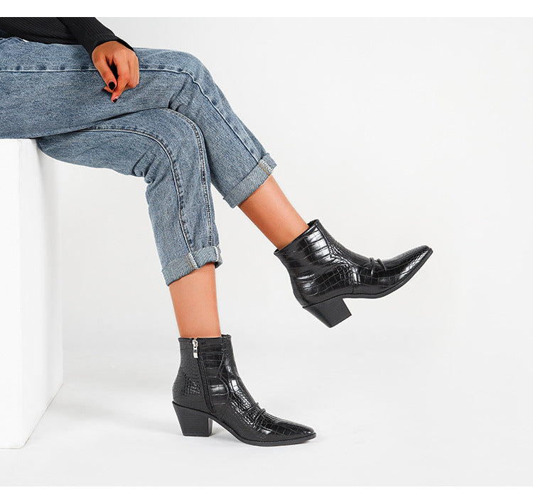 Square-Toe High-Heel Stone Pattern PU Leather Ankle Boots Side Zipper Western Boots Newgew