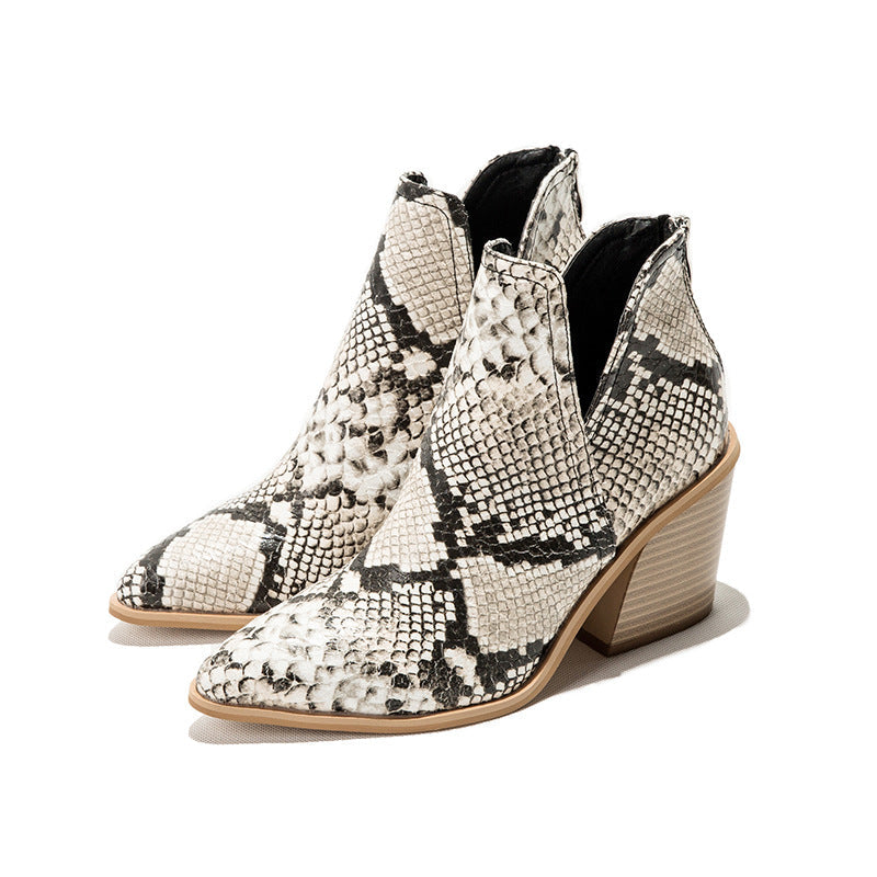 Slip on Cutout Pointed Toe Chunky Stacked Ankle Boot Chunky Heeled Boots Newgew
