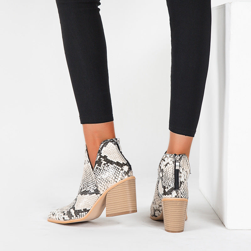 Slip on Cutout Pointed Toe Chunky Stacked Ankle Boot Chunky Heeled Boots Newgew