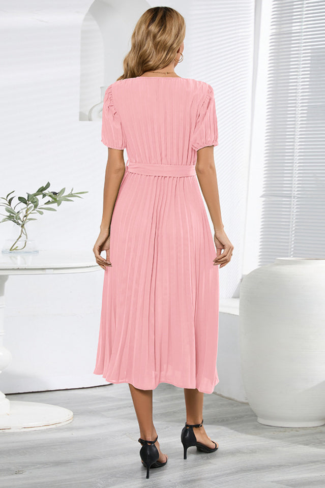V-Neck Pleated Tie-Waist Midi Dress Newgew