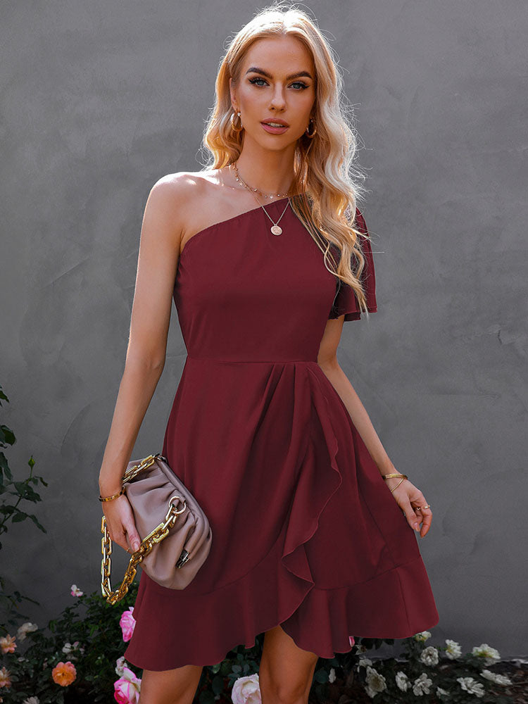 One Shoulder Irregular Ruffle Mini Dresses Newgew