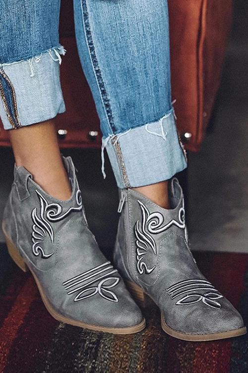 Embroidery Zipper Vintage Round Toe Boots Newgew