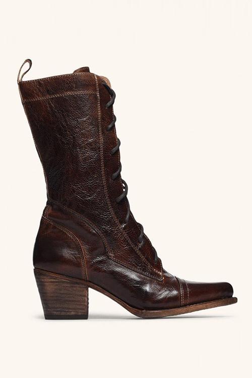 Viantage Leather Lace Up Chunky Heel Boots Newgew