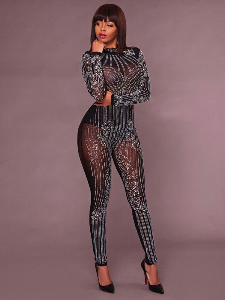 One Piece Glitter Mesh Rhinestone Bodycon Jumpsuits Newgew