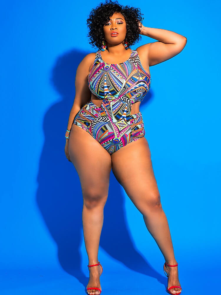 One Piece Hollow Out Geometric Print Swimsuit Newgew