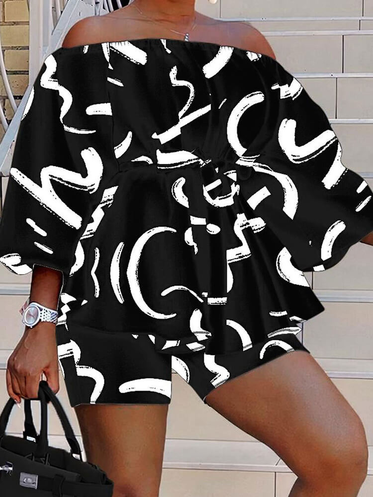 Off-Shoulder Printed Top and Solid Shorts Newgew