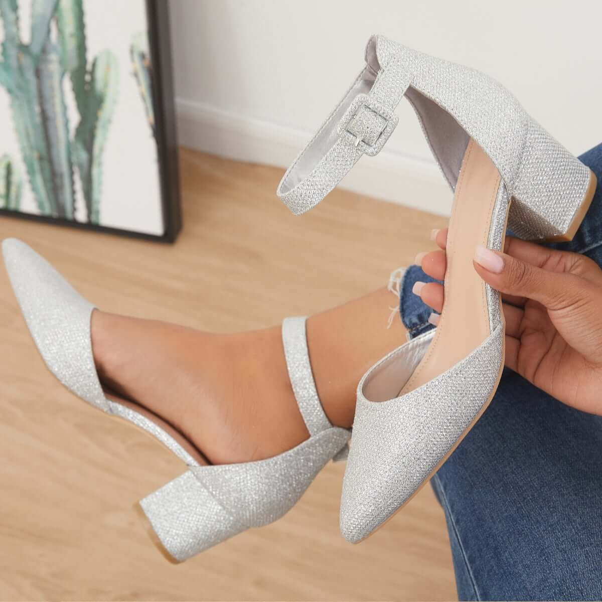 Low Chunky Block Heel Pumps Pointed Toe Ankle Strap Heels Pairmore