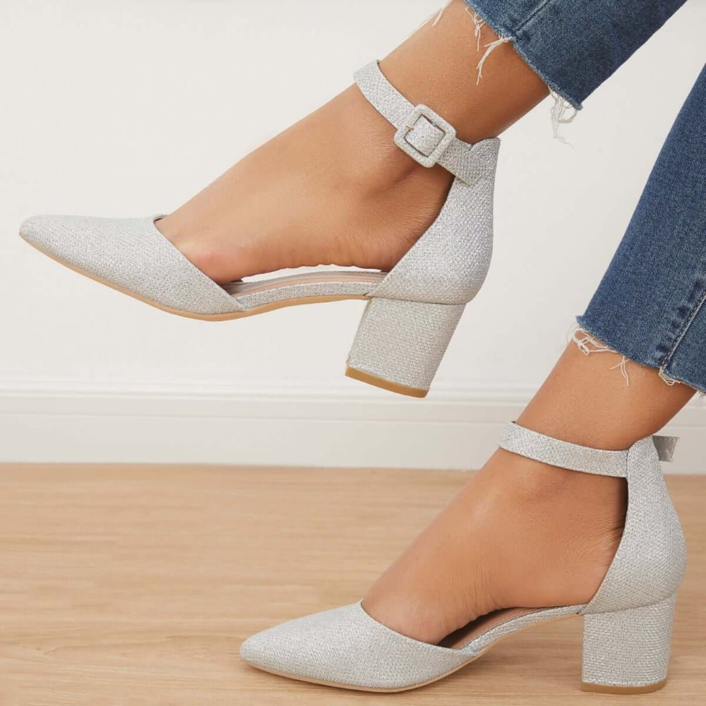 Low Chunky Block Heel Pumps Pointed Toe Ankle Strap Heels Pairmore