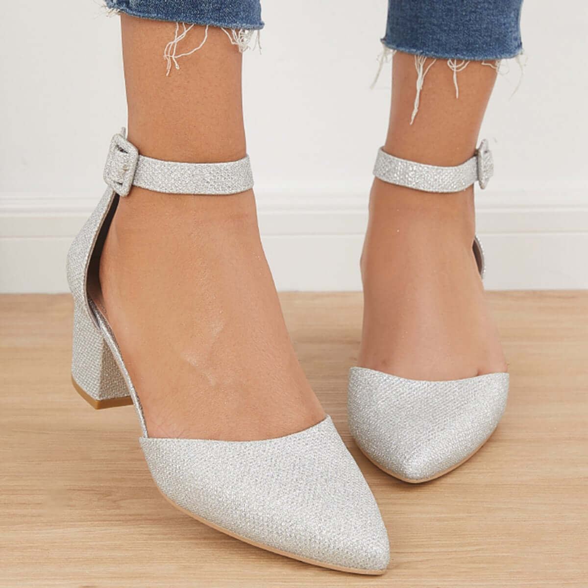 Low Chunky Block Heel Pumps Pointed Toe Ankle Strap Heels Pairmore