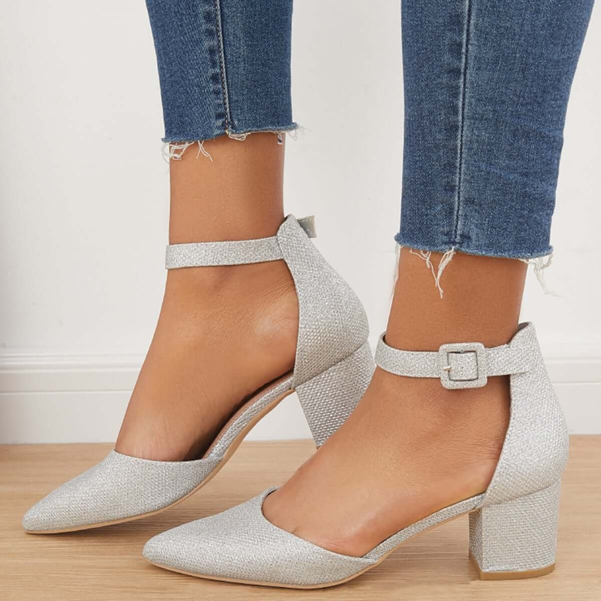 Low Chunky Block Heel Pumps Pointed Toe Ankle Strap Heels Pairmore
