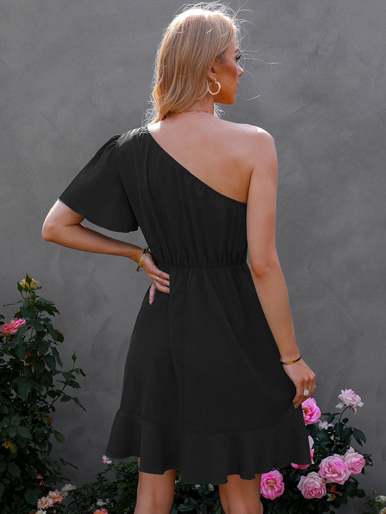 One Shoulder Irregular Ruffle Mini Dresses Newgew