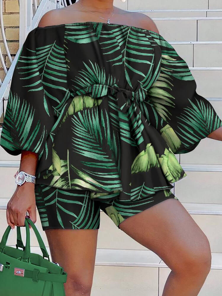 Off-Shoulder Printed Top and Solid Shorts Newgew