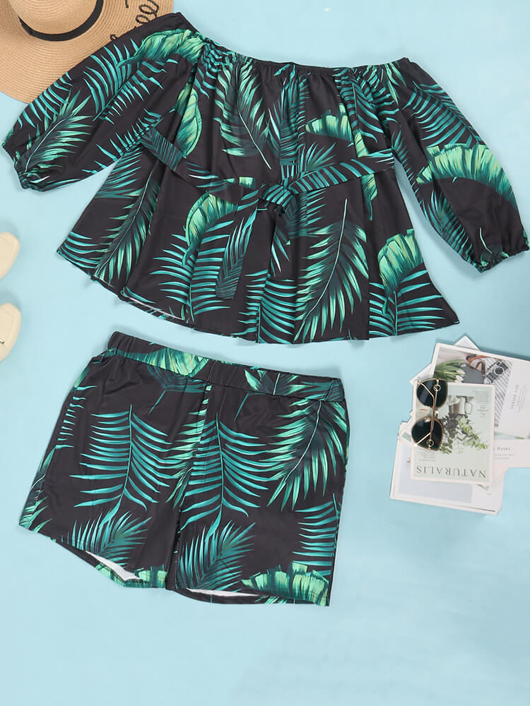 Off-Shoulder Printed Top and Solid Shorts Newgew