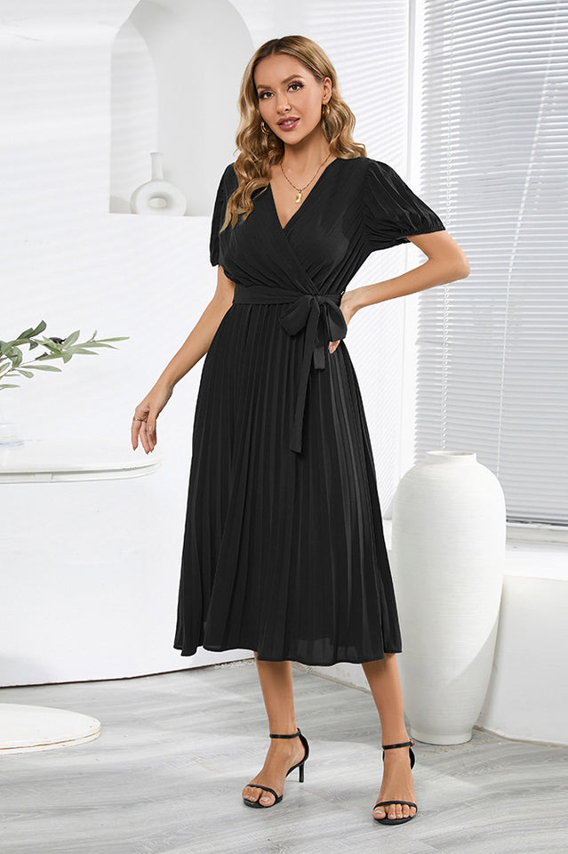 V-Neck Pleated Tie-Waist Midi Dress Newgew