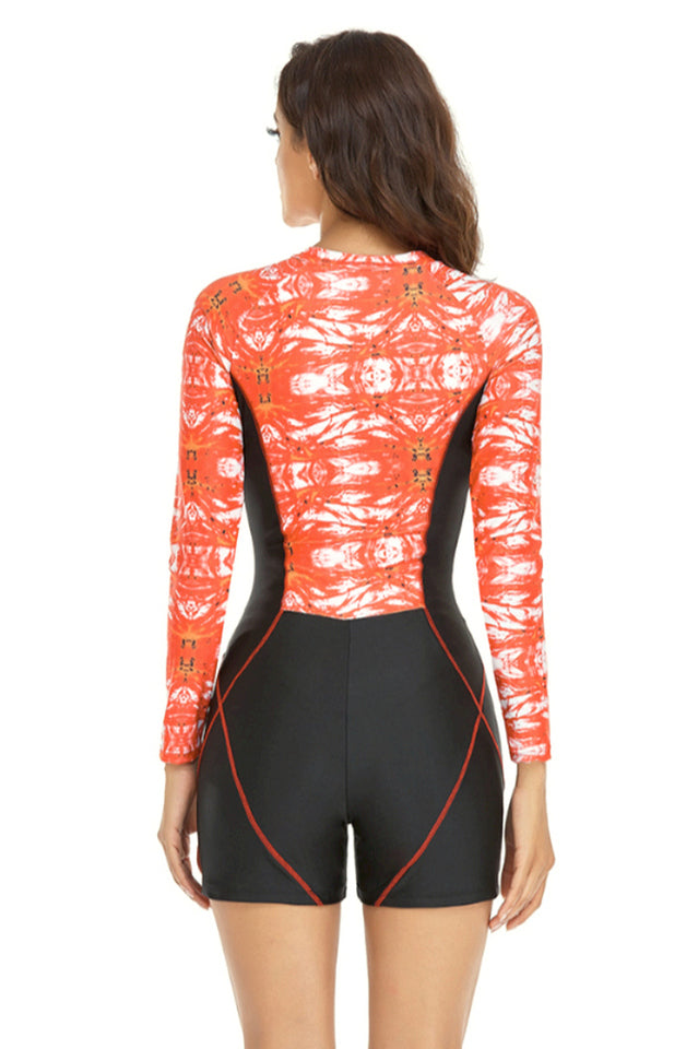 Surf Print Long Sleeve One Piece Swimsuit Newgew