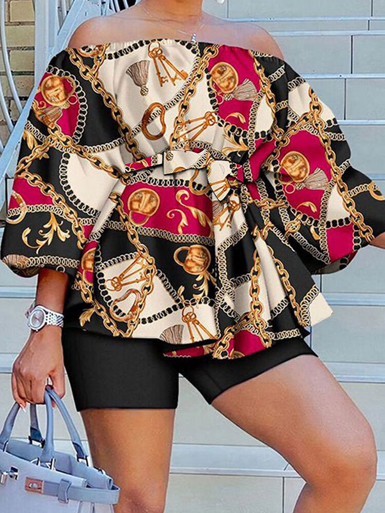 Off-Shoulder Printed Top and Solid Shorts Newgew