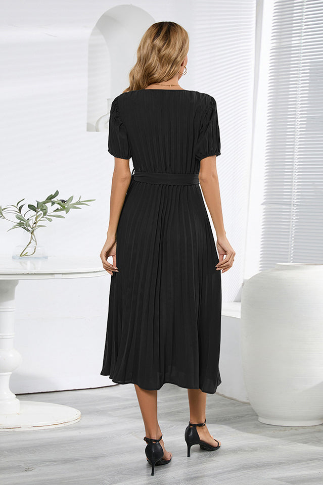 V-Neck Pleated Tie-Waist Midi Dress Newgew
