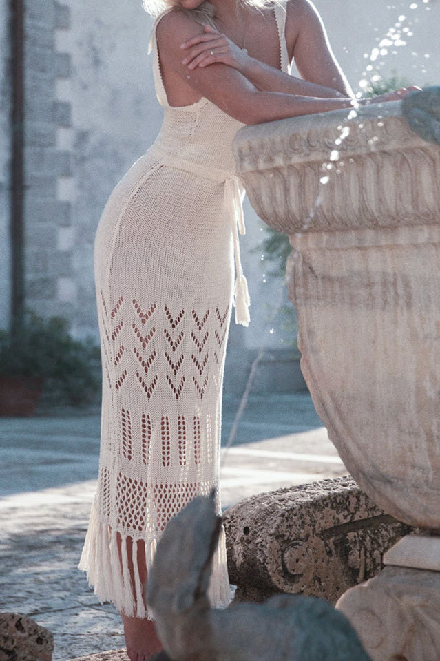 Tassel Hem Crochet Knit Cover Up Dress Newgew