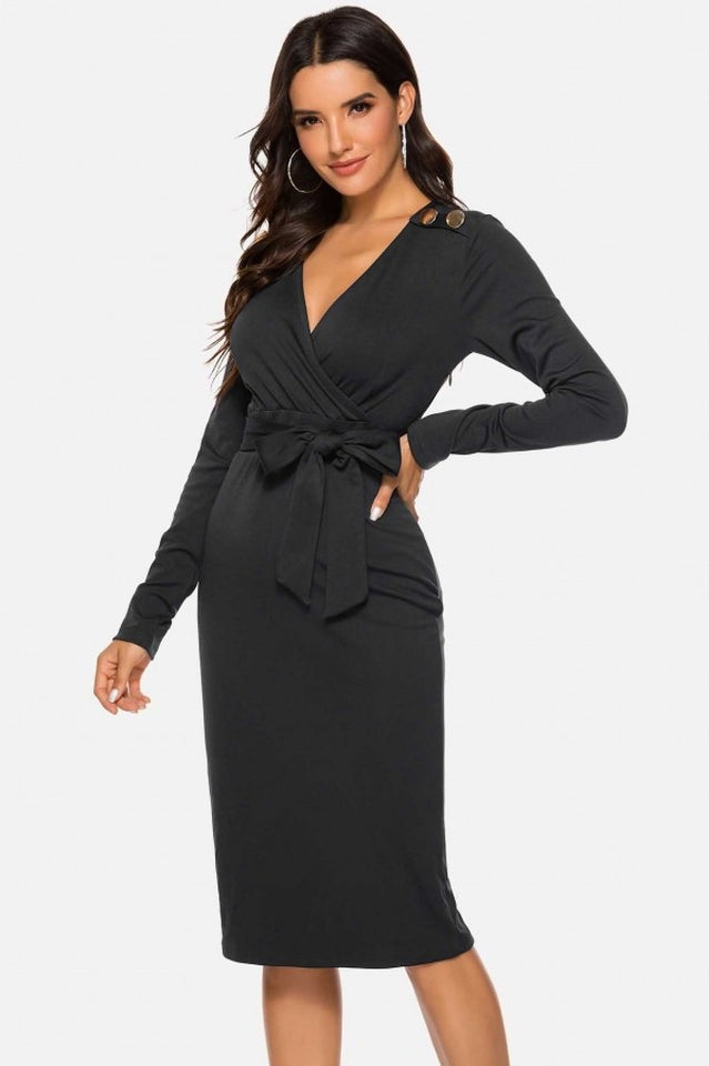 V Neck Wrap Tied Waist Slit Dress Newgew
