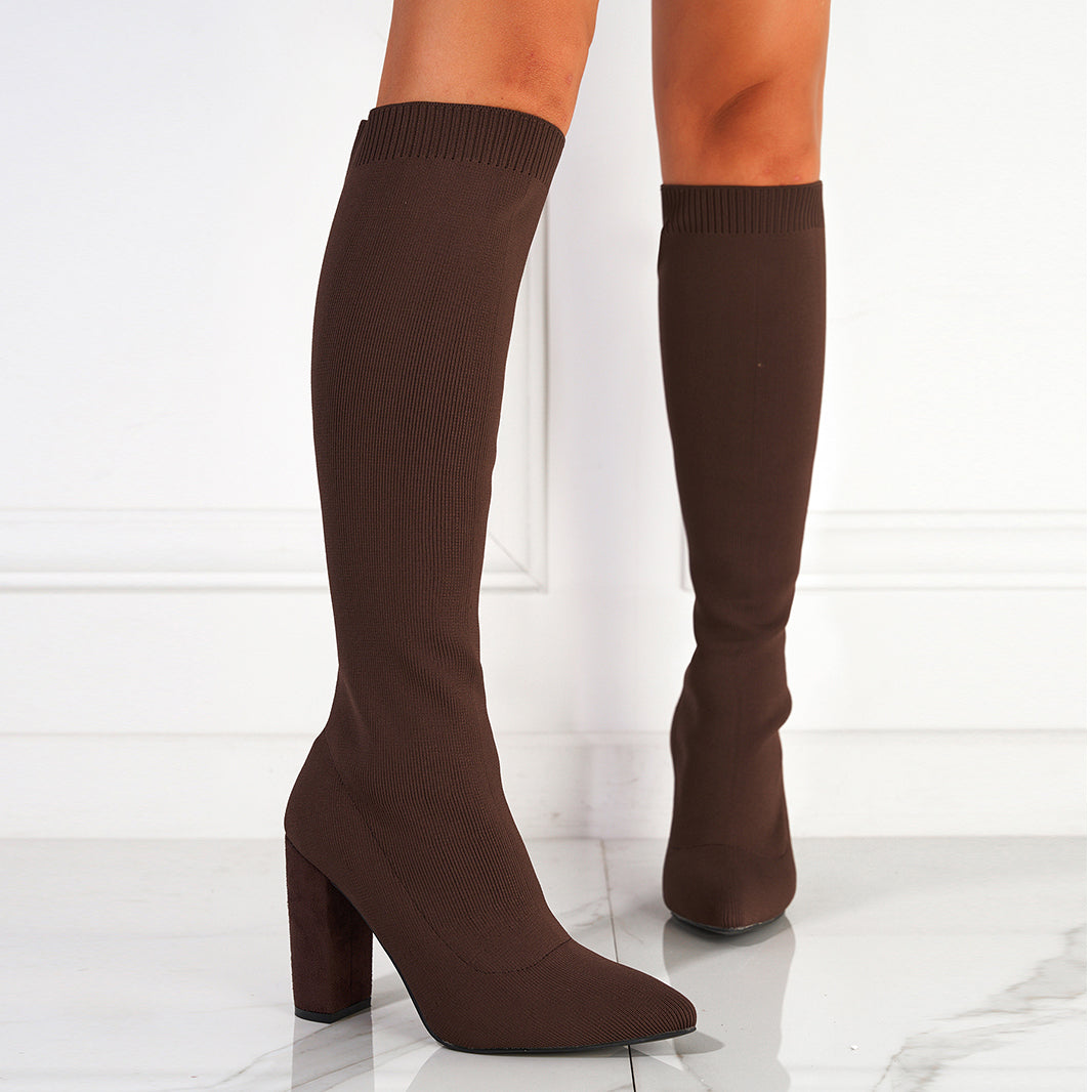Chunky Heel Pointed Toe Sock Boots Newgew