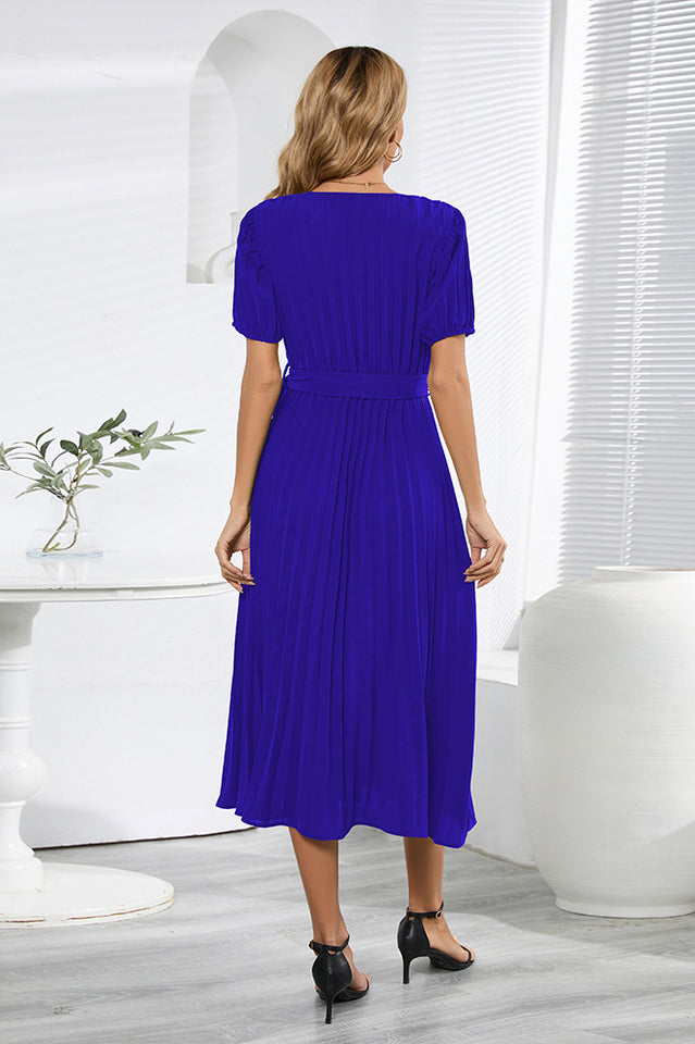 V-Neck Pleated Tie-Waist Midi Dress Newgew