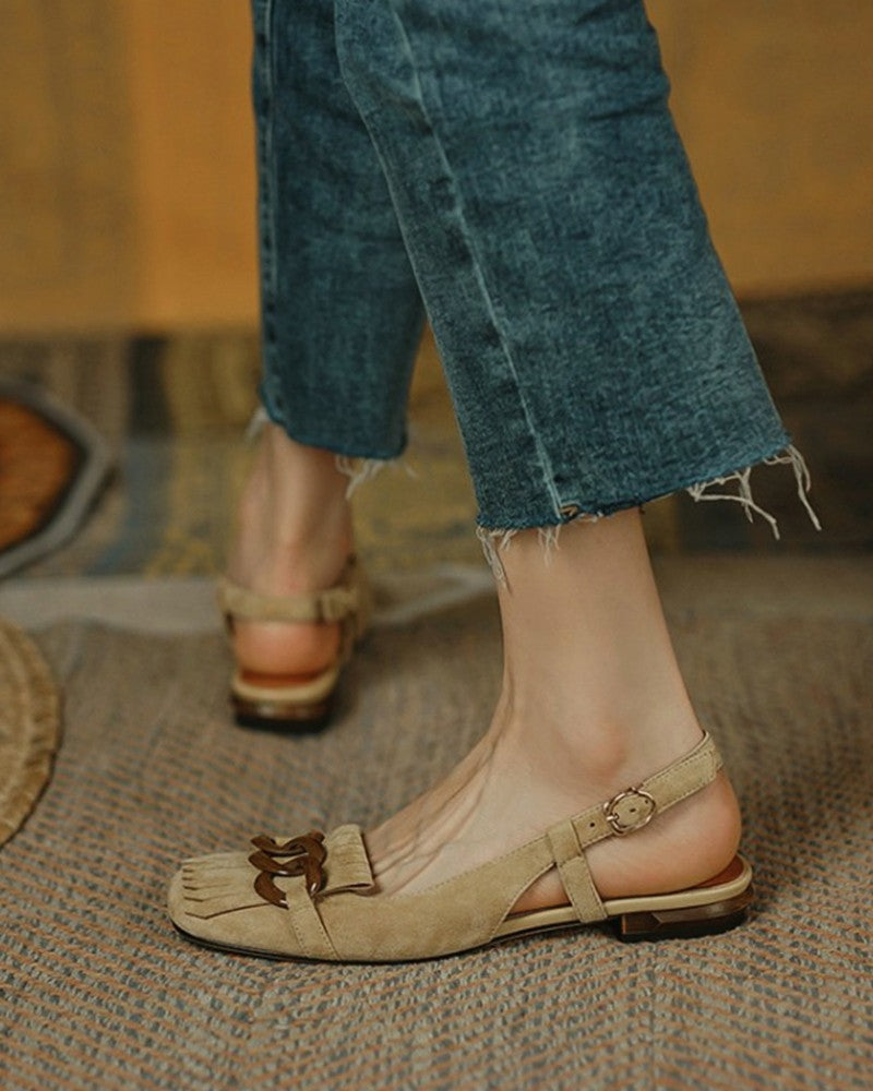 Buckle & Tassel Upper Sqaure-toe Flat Slip-on Newgew