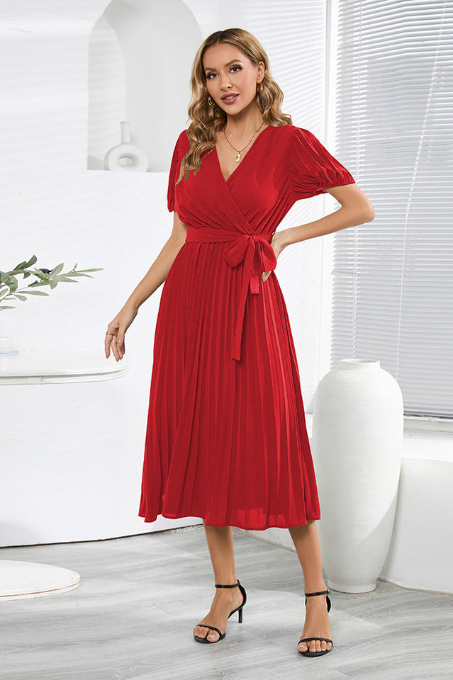V-Neck Pleated Tie-Waist Midi Dress Newgew