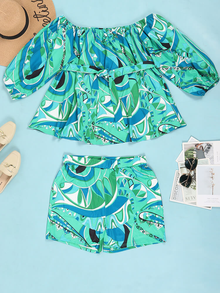 Off-Shoulder Printed Top and Solid Shorts Newgew
