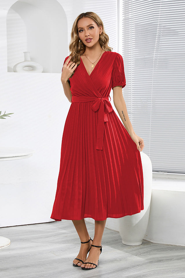 V-Neck Pleated Tie-Waist Midi Dress Newgew