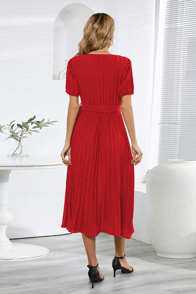 V-Neck Pleated Tie-Waist Midi Dress Newgew