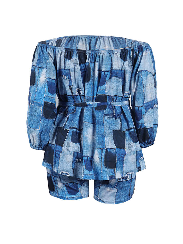 Off-Shoulder Printed Top and Solid Shorts Newgew