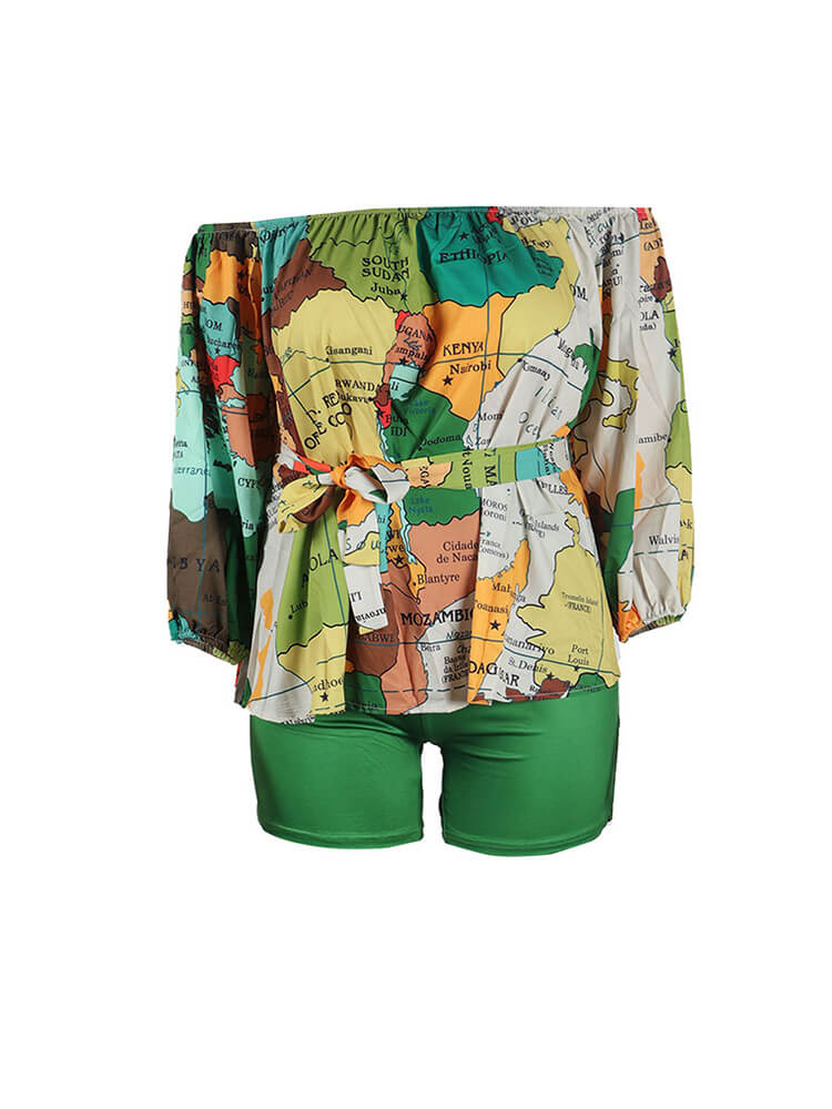 Off-Shoulder Printed Top and Solid Shorts Newgew