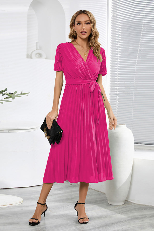 V-Neck Pleated Tie-Waist Midi Dress Newgew