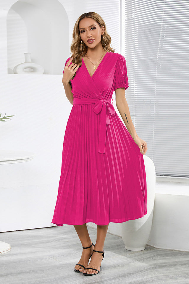 V-Neck Pleated Tie-Waist Midi Dress Newgew