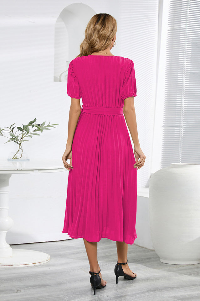 V-Neck Pleated Tie-Waist Midi Dress Newgew