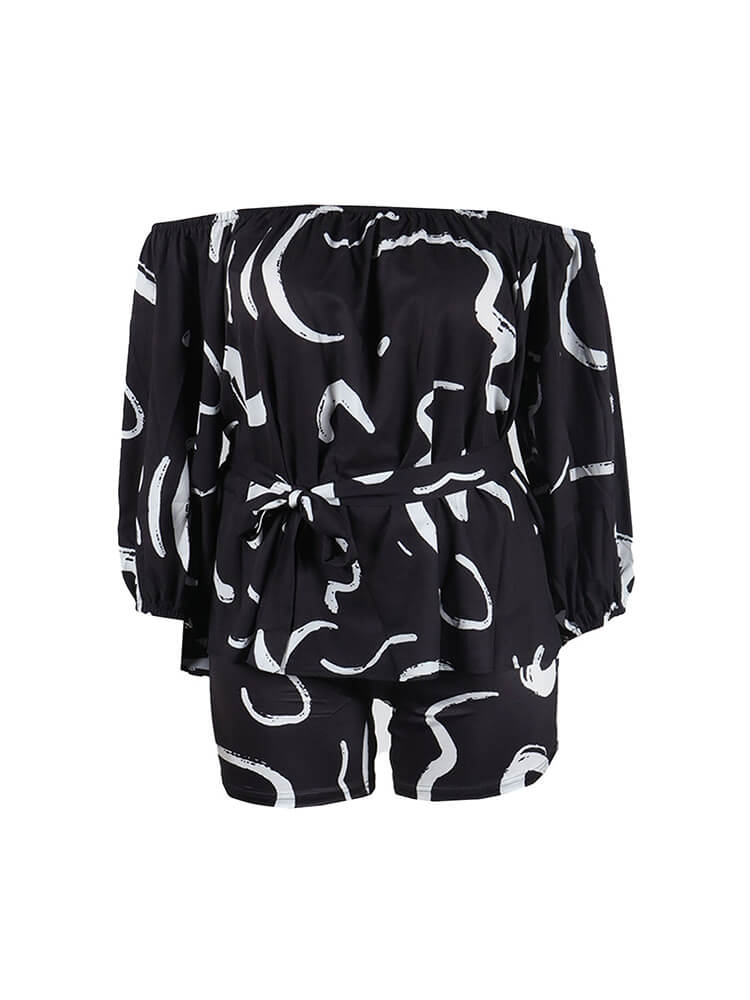 Off-Shoulder Printed Top and Solid Shorts Newgew
