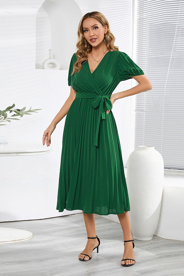 V-Neck Pleated Tie-Waist Midi Dress Newgew