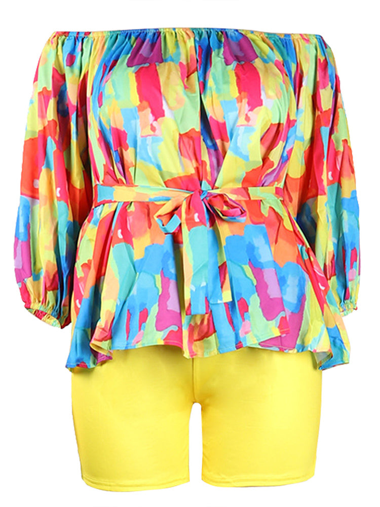 Off-Shoulder Printed Top and Solid Shorts Newgew