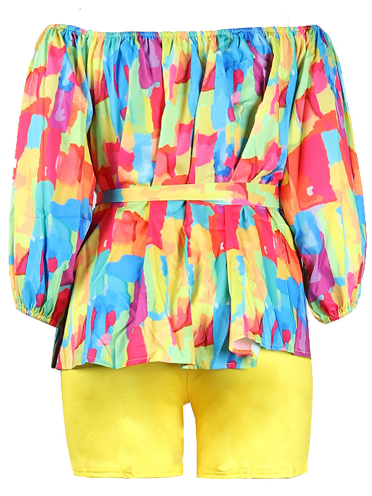 Off-Shoulder Printed Top and Solid Shorts Newgew
