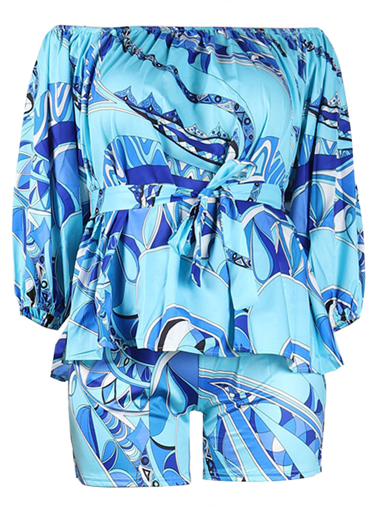 Off-Shoulder Printed Top and Solid Shorts Newgew