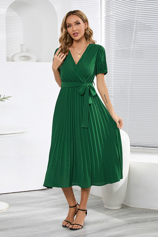 V-Neck Pleated Tie-Waist Midi Dress Newgew