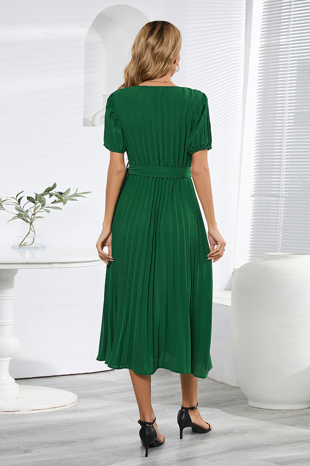 V-Neck Pleated Tie-Waist Midi Dress Newgew