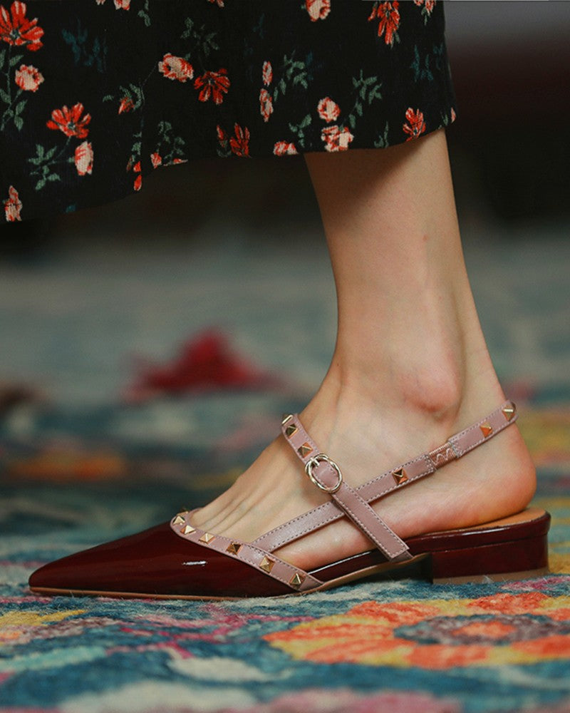 Pointed-toe Solid Color Splicing Studded Buckle Flat Sandals Newgew