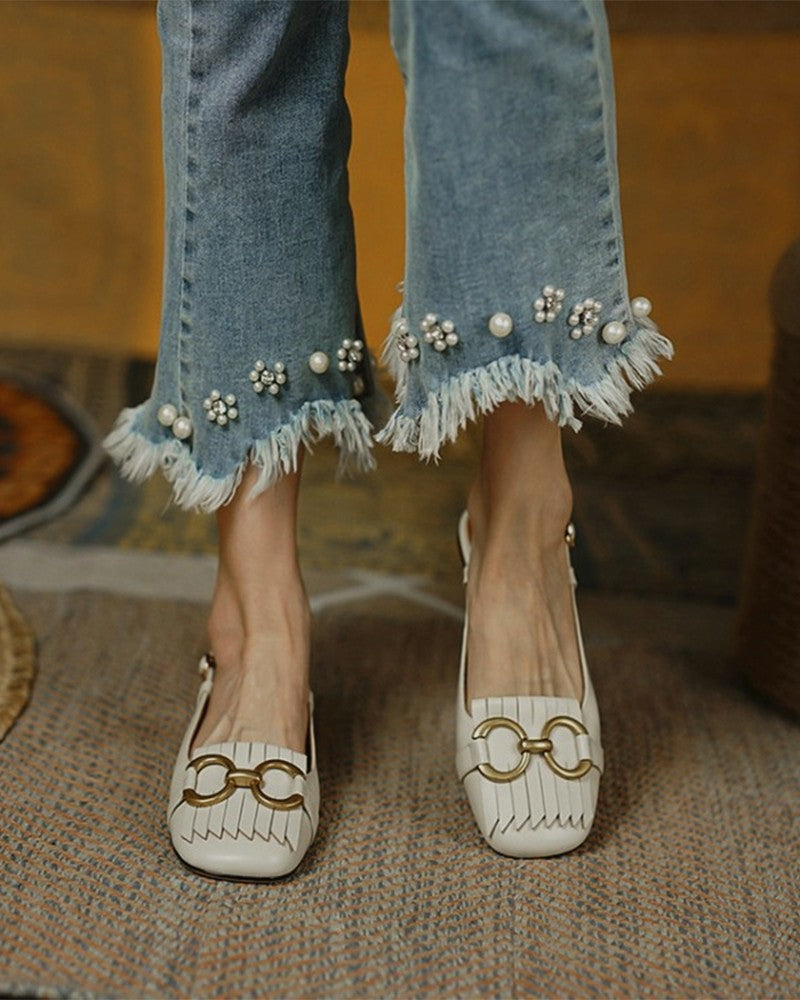 Solid Metallic Buckle Upper Sqaure-toe Flat Slip-on Newgew