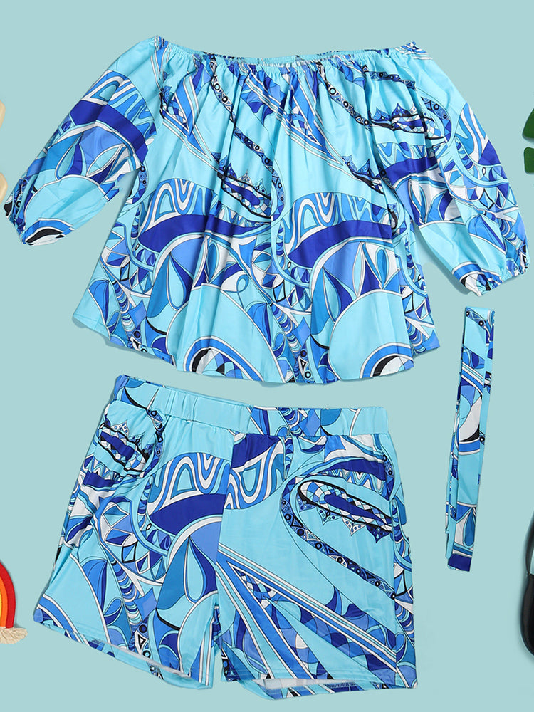 Off-Shoulder Printed Top and Solid Shorts Newgew